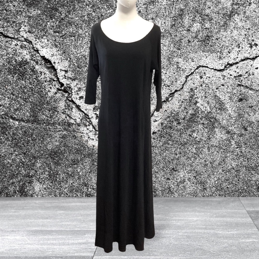 Soft Surroundings Black Pima Cotton Modal Maxi Dress 3/4 Button Sleeve Large